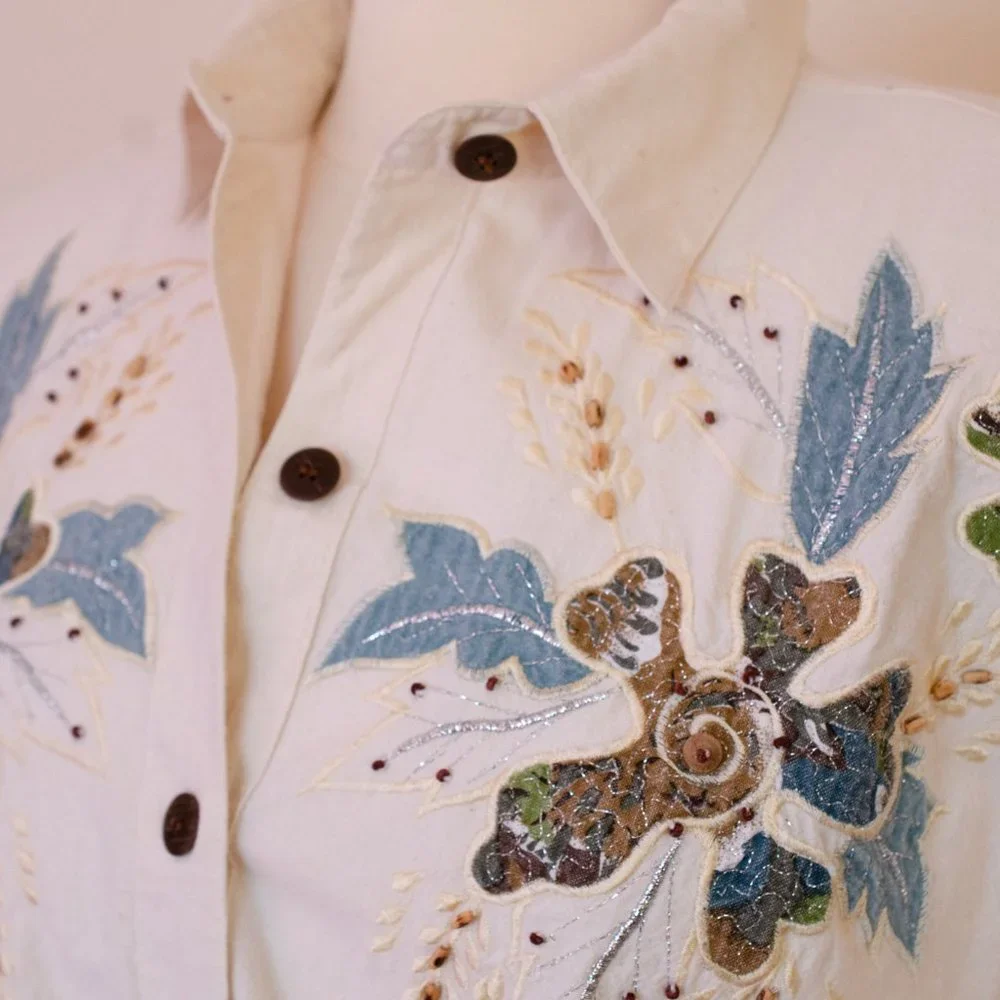 Vintage Jane Ashley Pearl Beaded Embroidered Cotton Shirt, 1990's Embellished - Picture 4 of 5